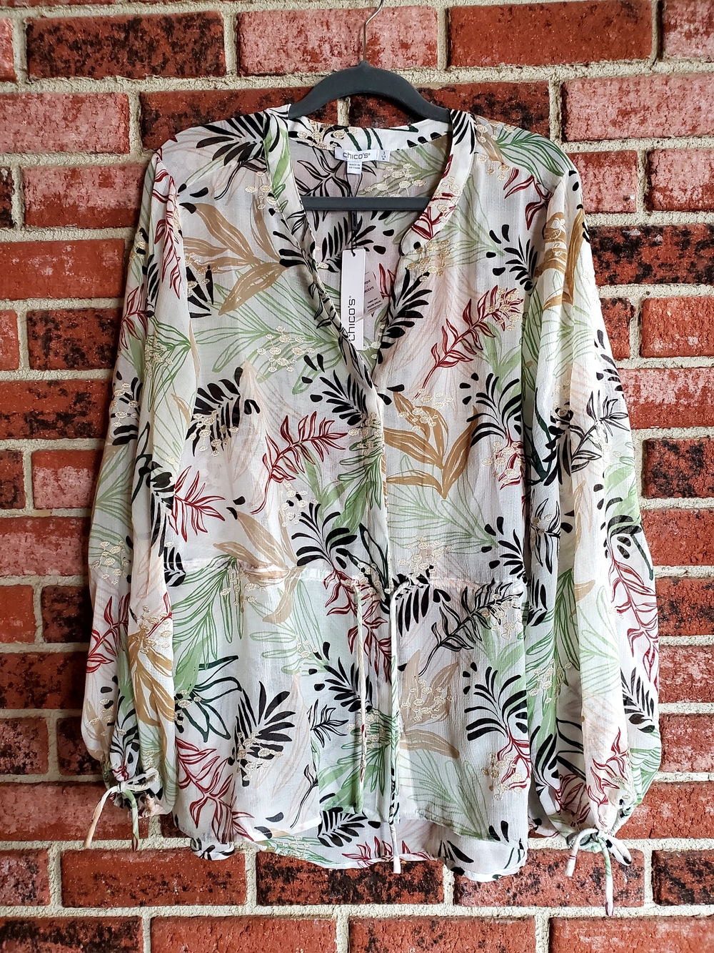 Chico's White Button-Down Shirt with Green, Black, Tan and Red Leaf Print